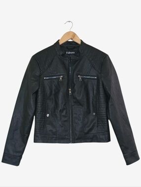 Fahsyee Faux Leather Moto Jacket Womens Medium Black Biker Zip Cropped